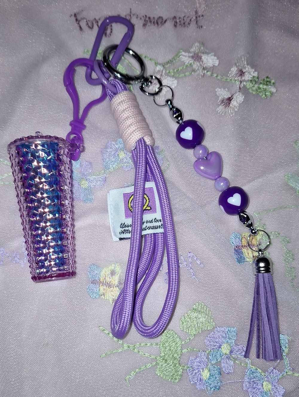 Lavender Heart Bead Tassel Bag Charm Keychain with Glitter Cup Charm